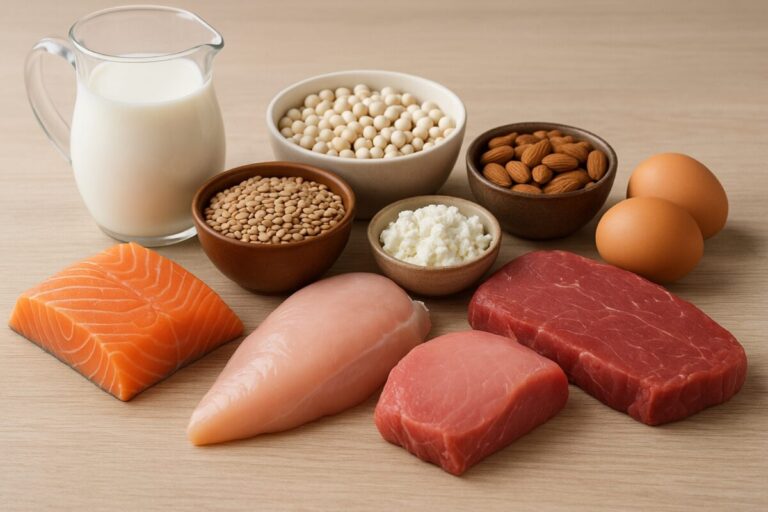 Comida variada con proteínas como huevo, legumbres y carne magra en fondo neutro