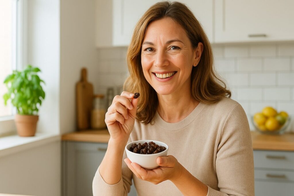 Mujer en cocina disfrutando un puñado de pasas con beneficios de las pasas para la salud