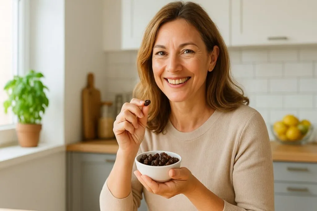 Mujer en cocina disfrutando un puñado de pasas con beneficios de las pasas para la salud