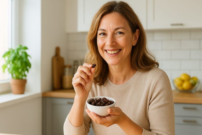 Mujer en cocina disfrutando un puñado de pasas con beneficios de las pasas para la salud