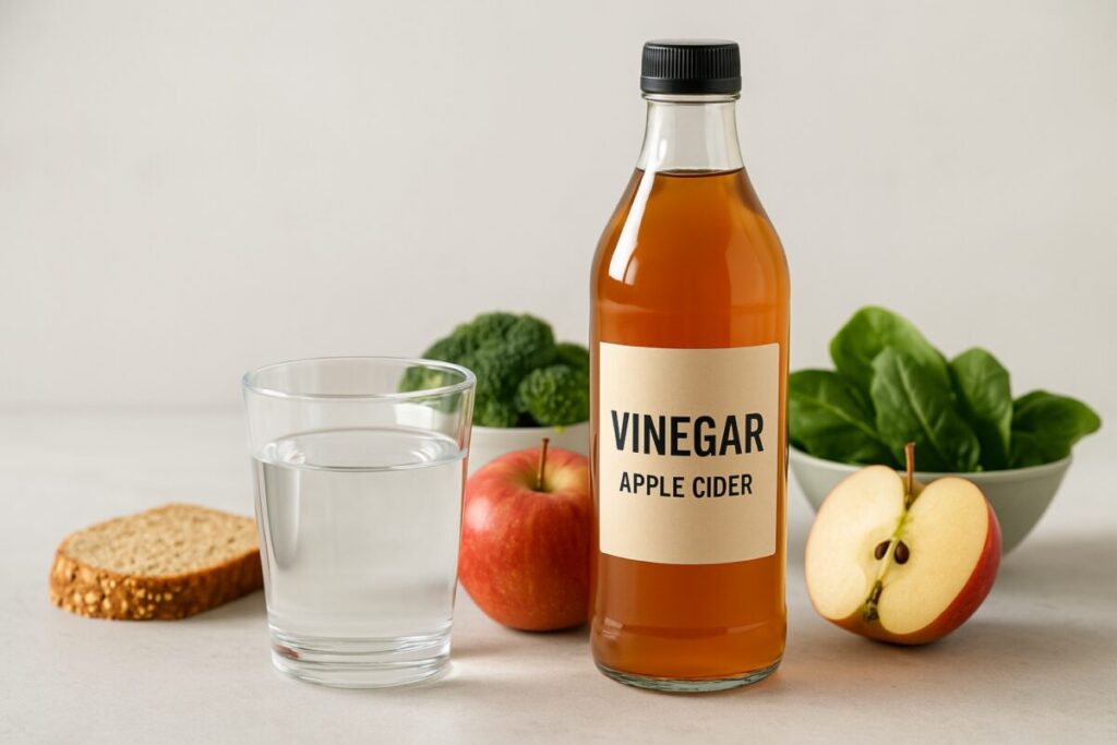Botella de vinagre de manzana sobre una mesa con alimentos saludables