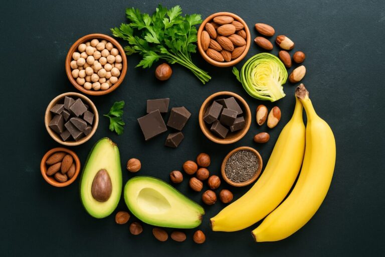 Variedad de alimentos ricos en magnesio como plátanos, palta y frutos secos, organizados de forma circular sobre fondo oscuro