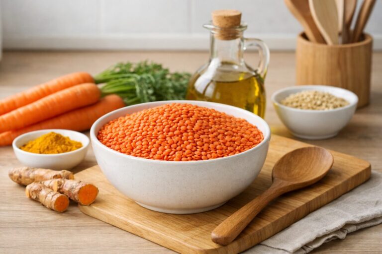 Lentejas rojas peladas listas para cocinar, con ingredientes frescos y utensilios de cocina saludable