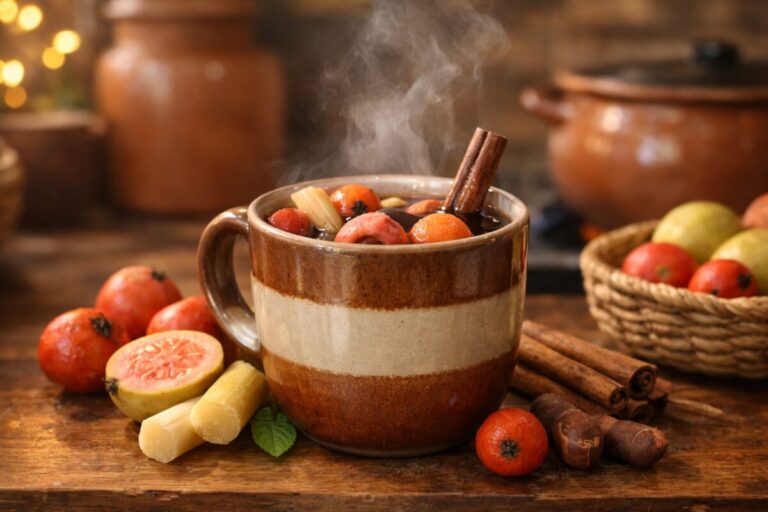 Bebida de ponche navideño con frutas y canela, rica en vitamina C y antioxidantes