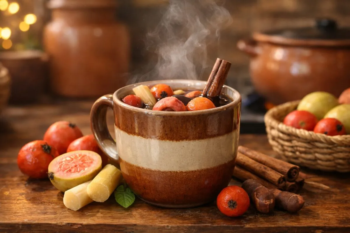 Bebida de ponche navideño con frutas y canela, rica en vitamina C y antioxidantes