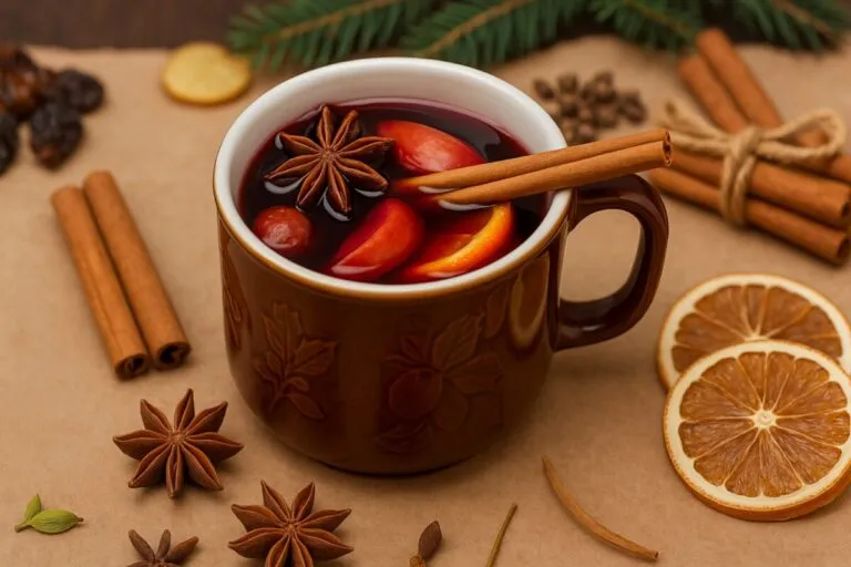 Fotografía realista de ponche navideño saludable con frutas naturales, sin azúcar añadida, sobre fondo cálido y decorativo