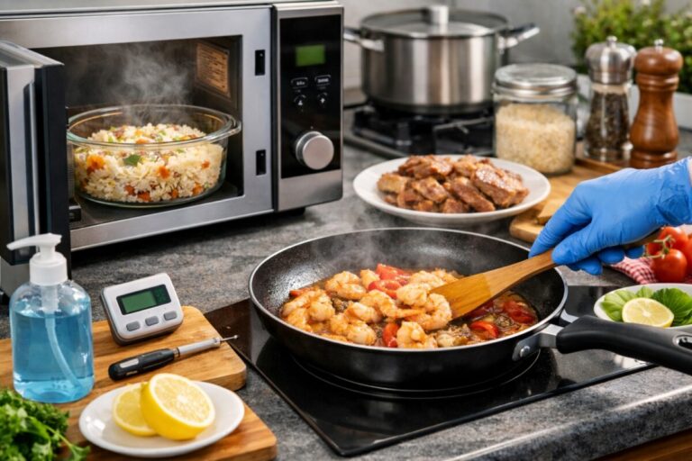 Imagen ilustrativa de alimentos recalentados con seguridad alimentaria en la cocina