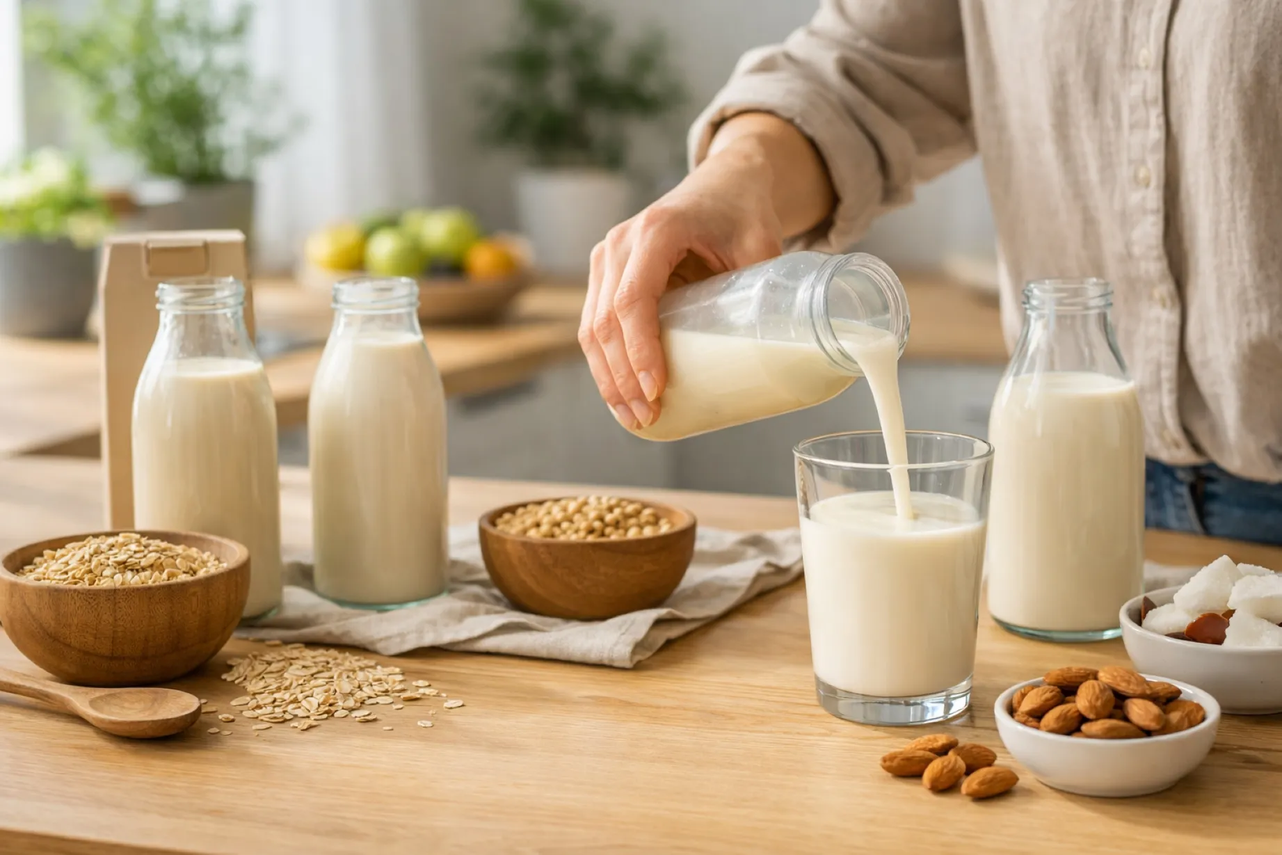 Opciones de bebidas vegetales en una mesa, enfocadas en salud y nutrición funcional