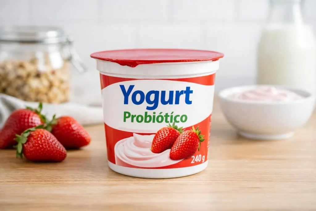 Envase de yogurt de fresa con etiqueta confusa y sin cultivos lácticos vivos, según Profeco