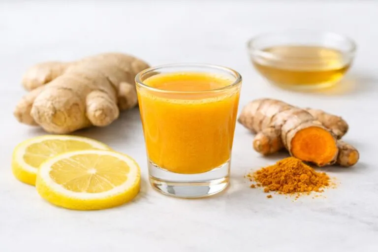 Vaso pequeño con shot detox y jengibre, limón y cúrcuma sobre una mesa limpia