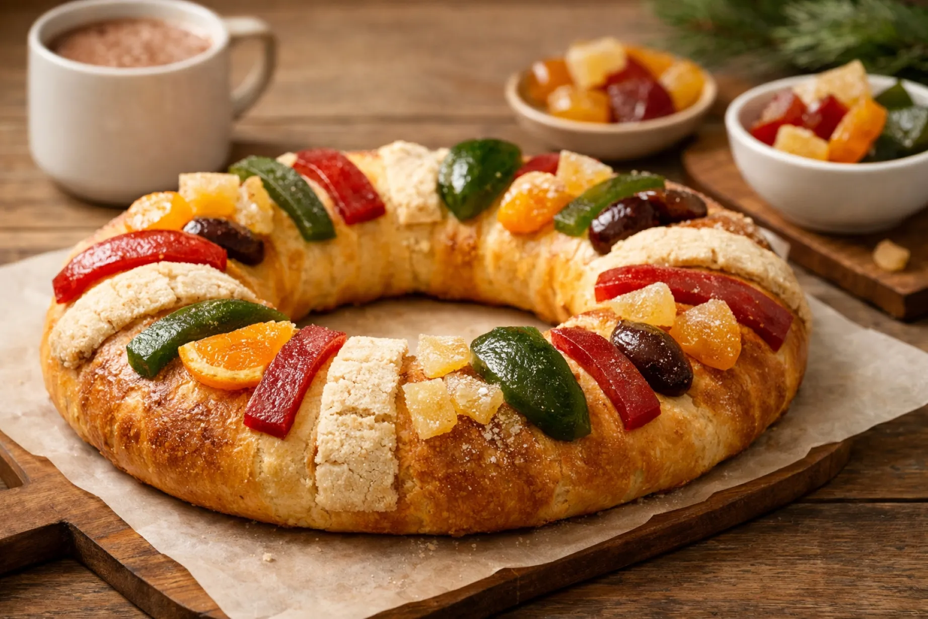Rosca de Reyes mexicana decorada sin acitrón, con frutas naturales y opciones sustentables