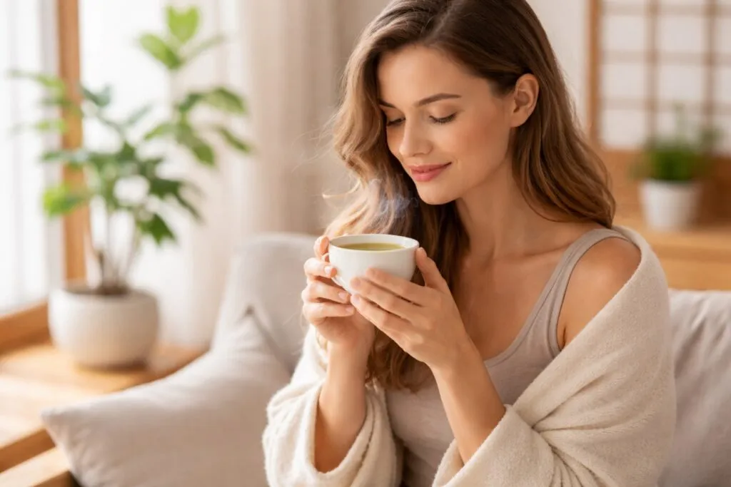 Mujer sonriente con taza de té nipón, beneficios para quemar grasa y aumentar energía