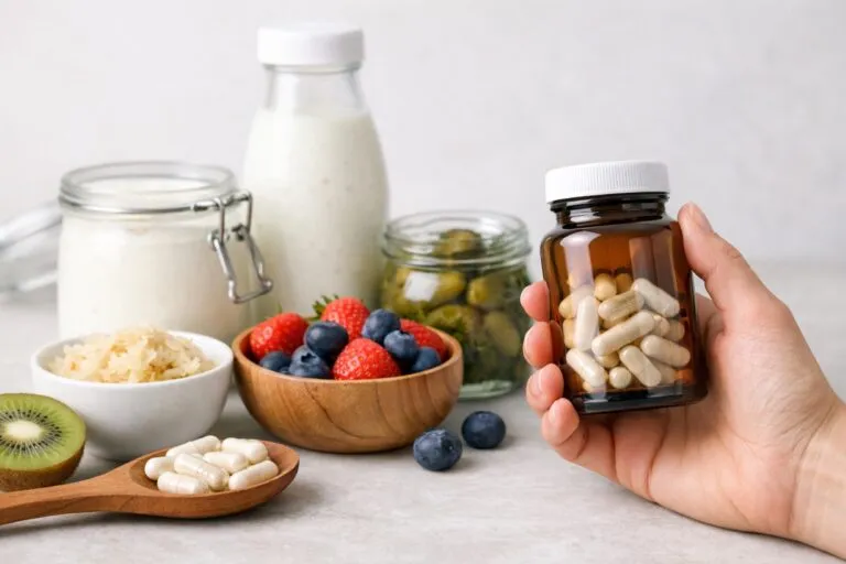 Persona sosteniendo un suplemento con probióticos junto a alimentos fermentados y frutas