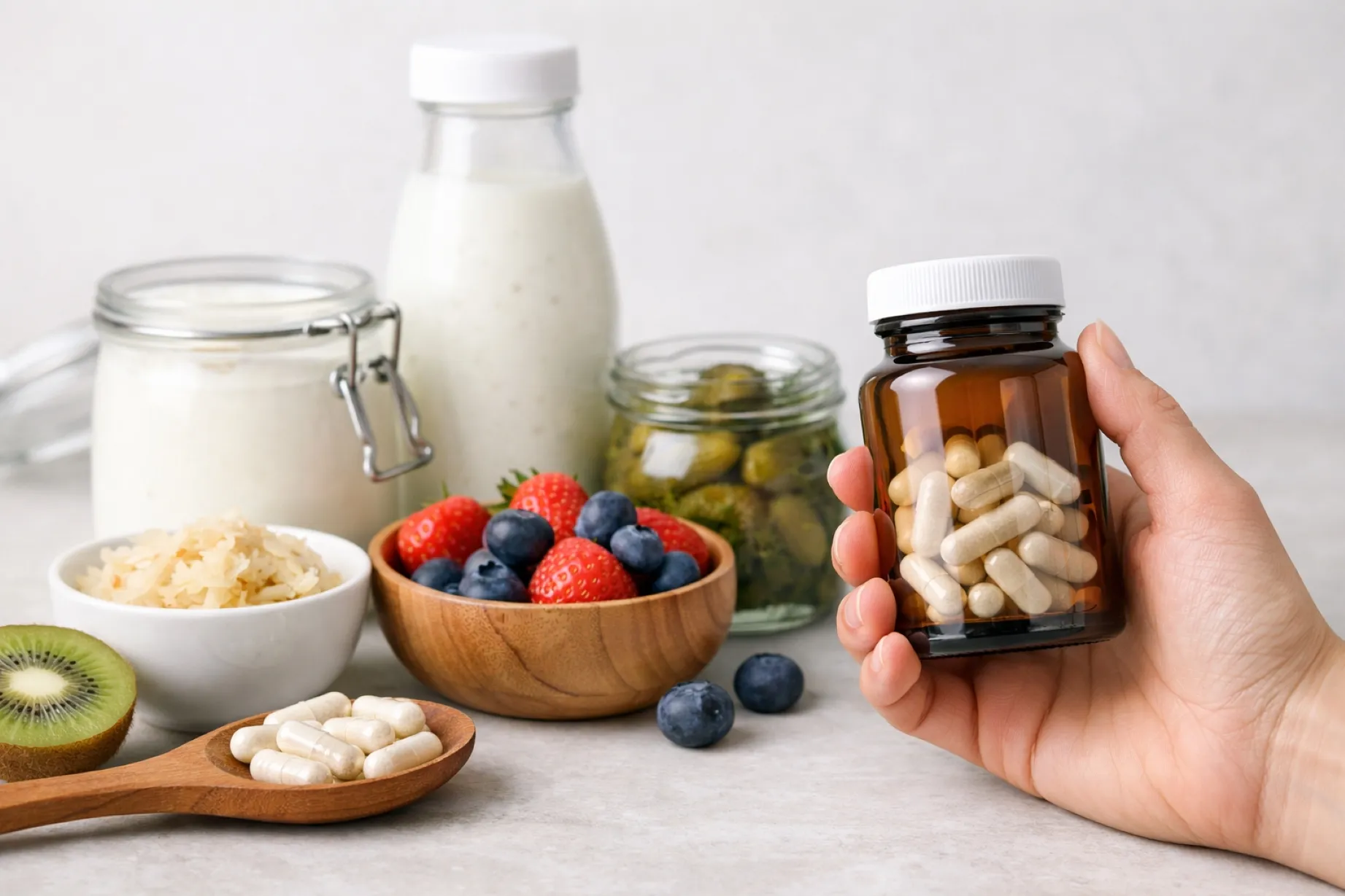 Persona sosteniendo un suplemento con probióticos junto a alimentos fermentados y frutas