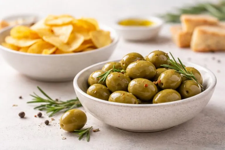 Aceitunas en plato de cerámica sobre fondo claro, representando alimentos que estimulan hormonas de la saciedad