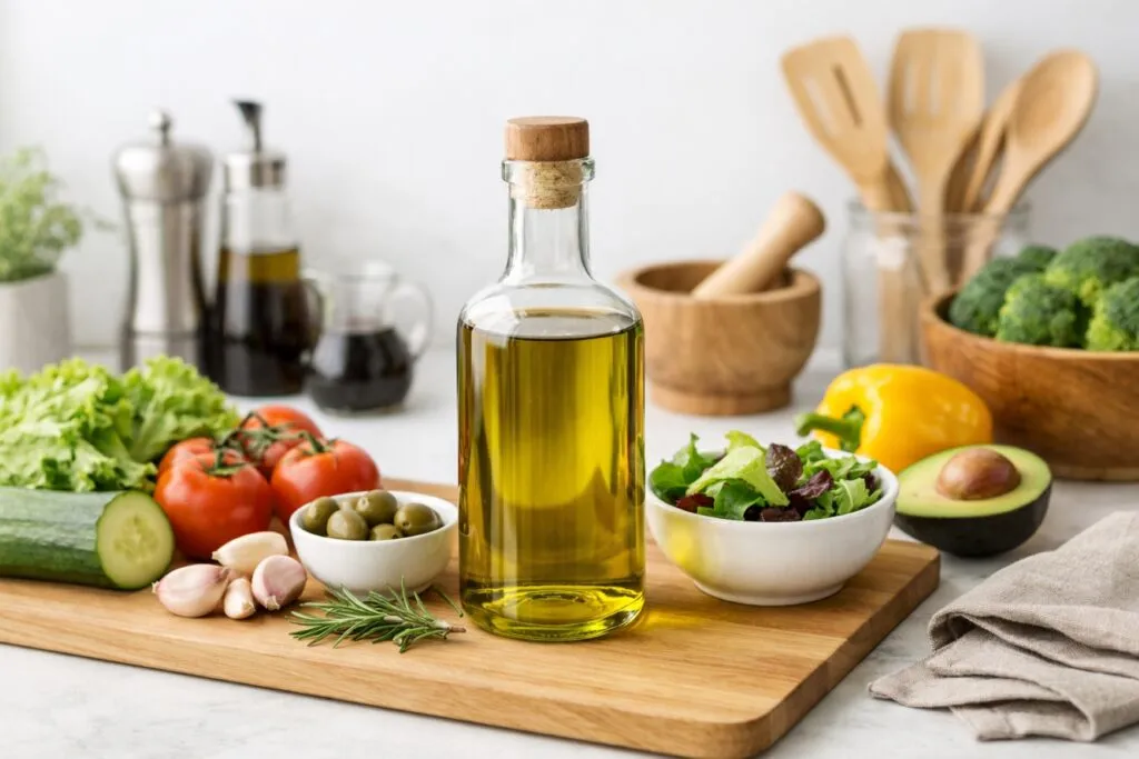 Aceite de oliva sobre mesa con vegetales frescos, representando una cocina saludable para el corazón