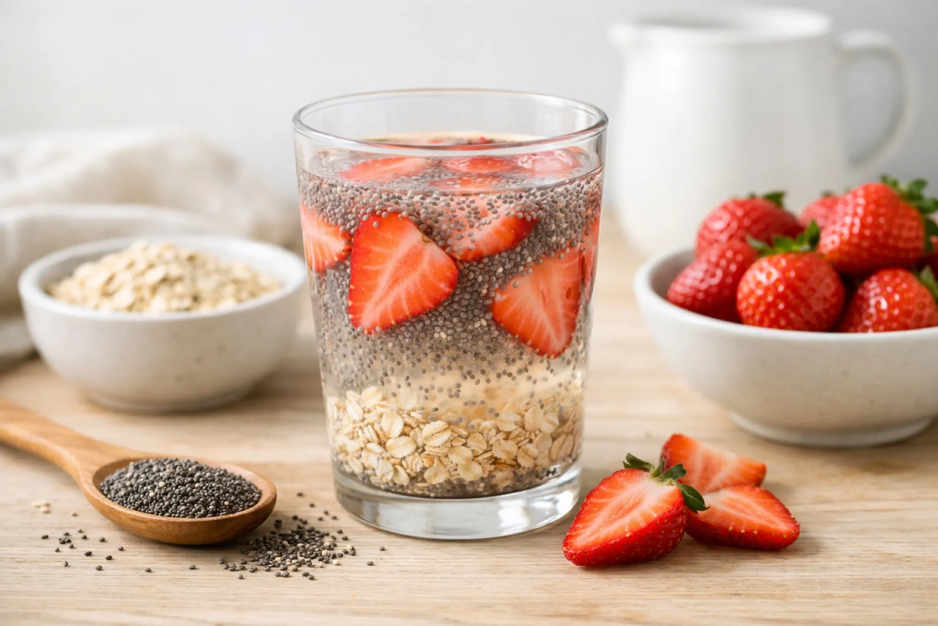 Vaso con agua de chía, avena y fresas sobre una mesa, bebida saludable rica en fibra y buena para la digestión