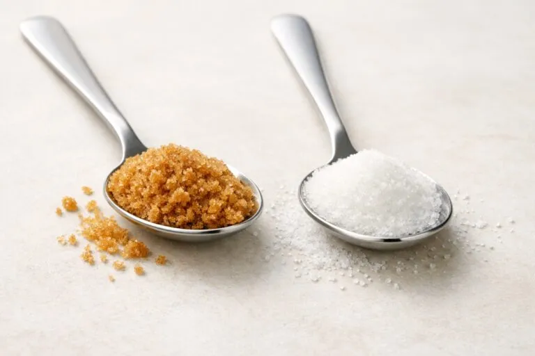 cucharas con azúcar moreno y azúcar blanco reflejan la elección responsable de azúcares añadidos