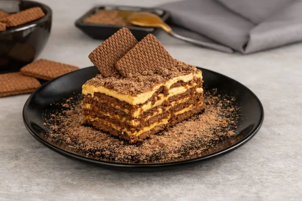 Postre chocotorta servido en porción fresca sobre plato claro, destacando ingredientes simples y presentación equilibrada.