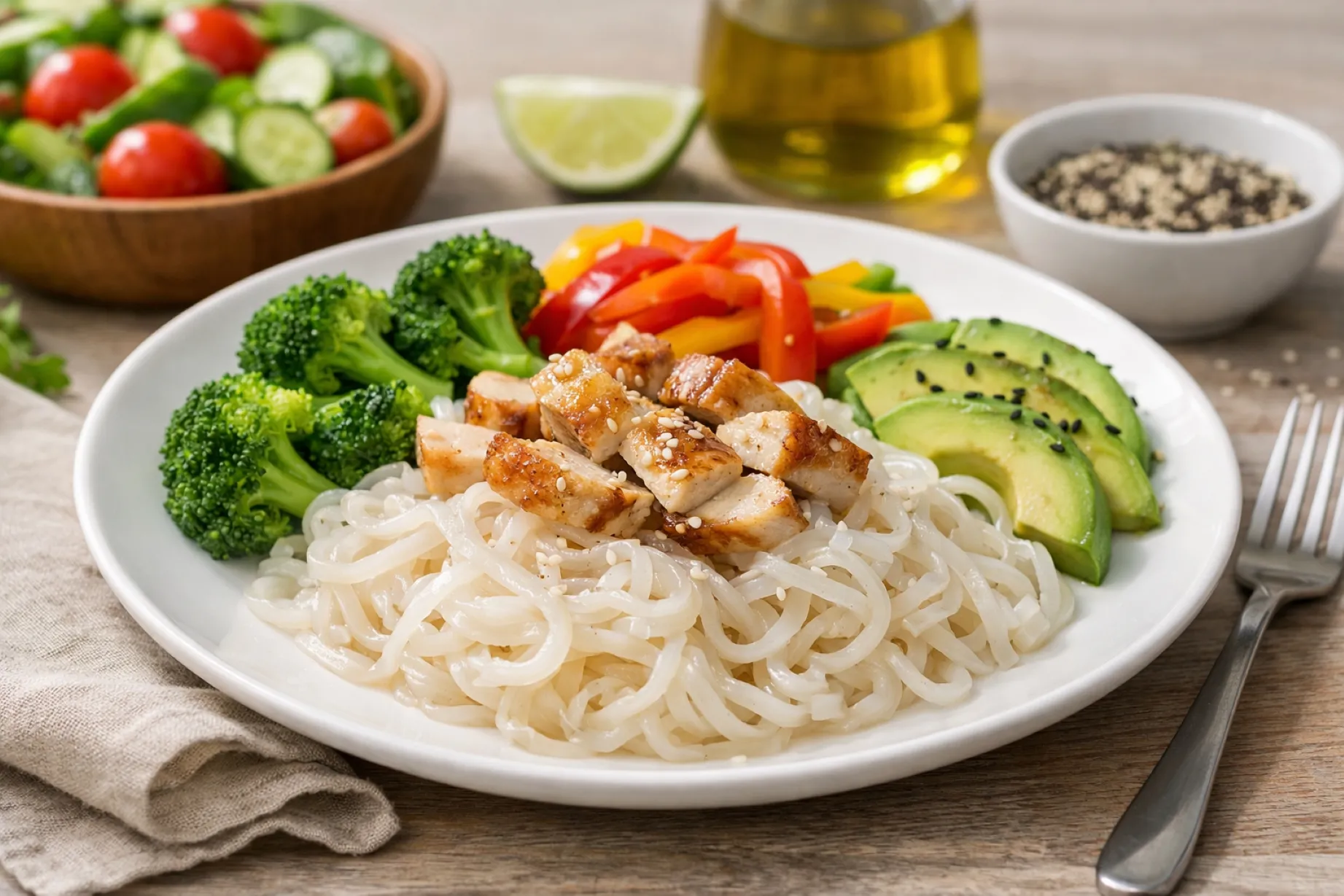 Fideos konjac en plato colorido mostrando beneficios nutrición y equilibrio saludable