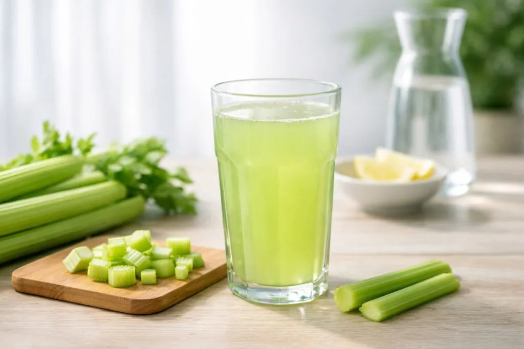 Vaso con agua de apio en ayunas, hidratación saludable y beneficios nutricionales