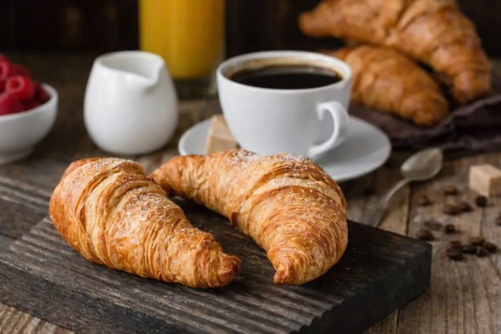 Desayuno con café y croissants sobre una mesa de madera, típico en días fríos y poco saludable