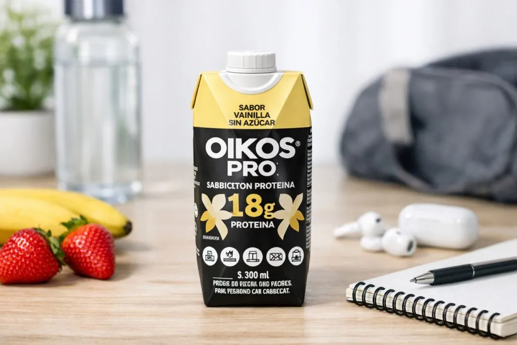 Vaso con Oikos Pro Shake alto en proteína funcional para tu rutina diaria
