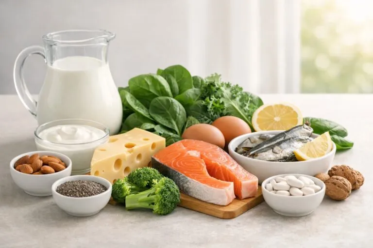 Ilustración editorial de alimentos ricos en calcio y vitamina D para mantener huesos fuertes y salud ósea