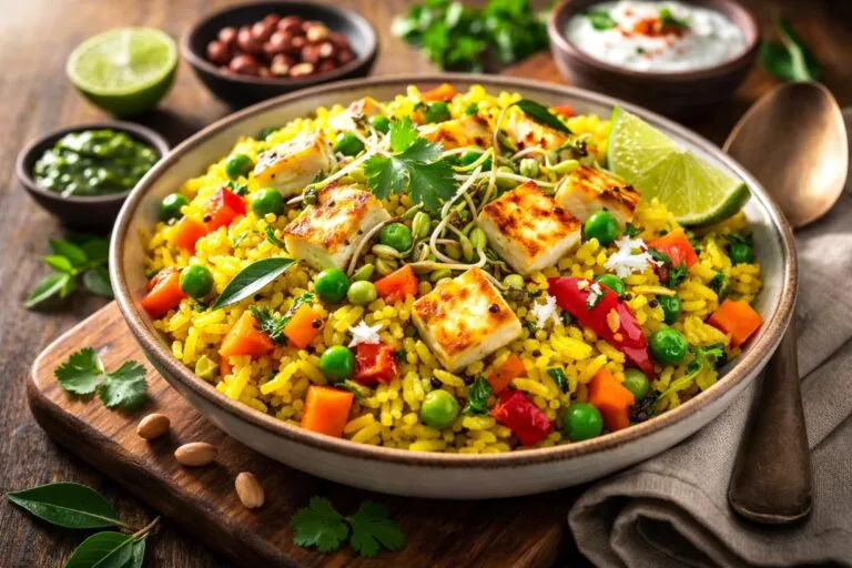 Desayuno de poha saludable con vegetales y proteínas servido en un plato con ingredientes frescos para energía matinal.