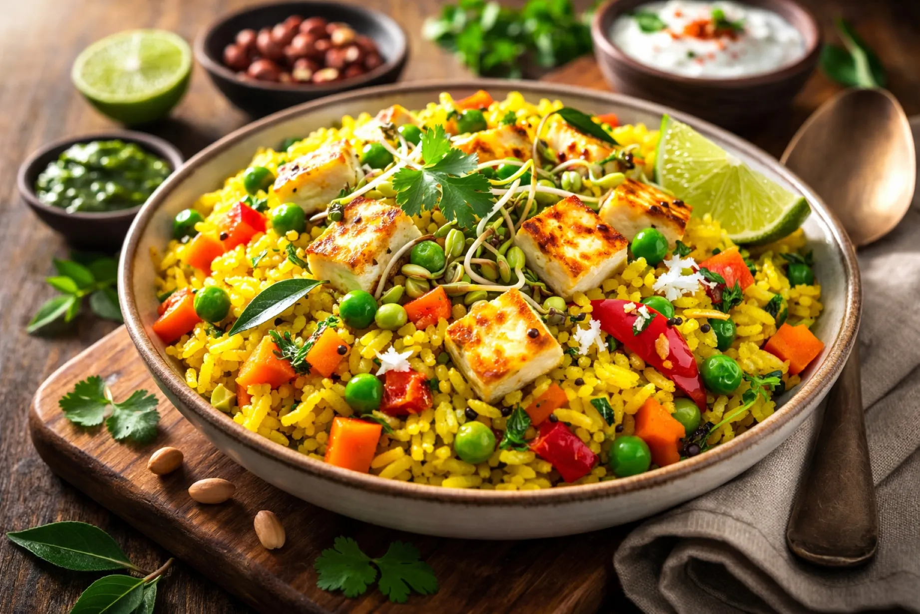 Desayuno de poha saludable con vegetales y proteínas servido en un plato con ingredientes frescos para energía matinal.