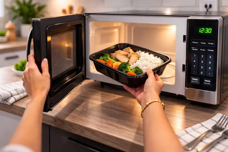 Manos colocando un recipiente de alimentos en un microondas doméstico para calentarlo