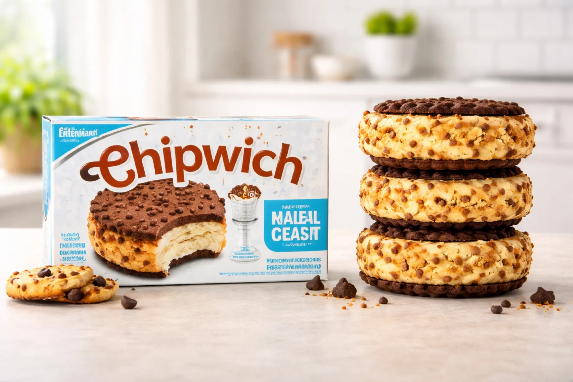 Selección de postres congelados Entenmann’s en congelador con enfoque en equilibrio nutricional y elecciones saludables.