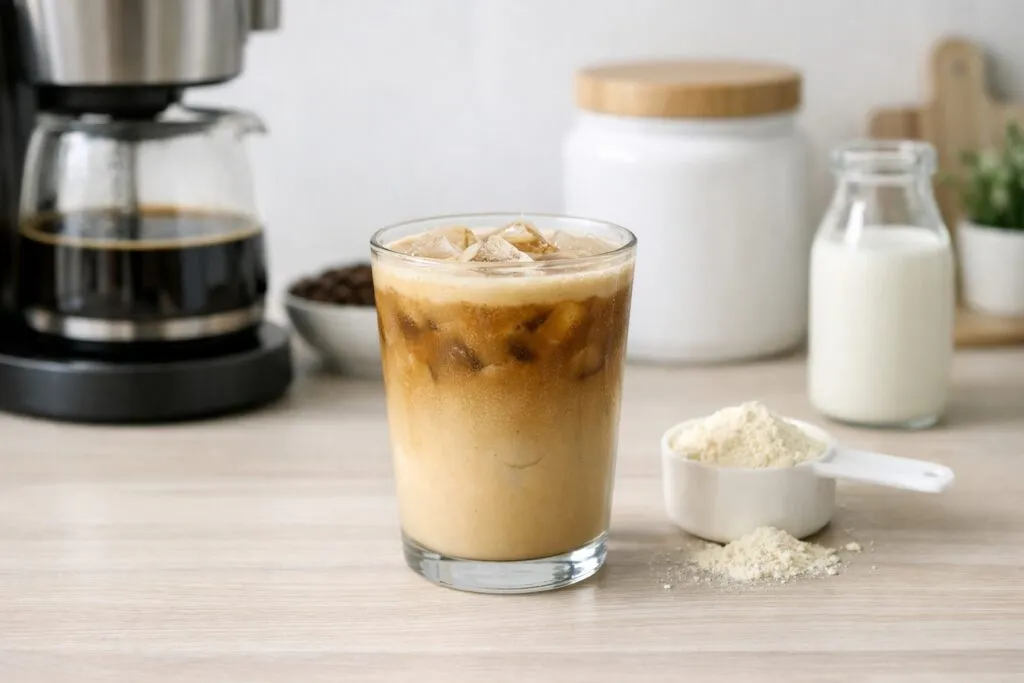 Vaso de proffee con café y proteína en cocina moderna, asociado a bienestar diario