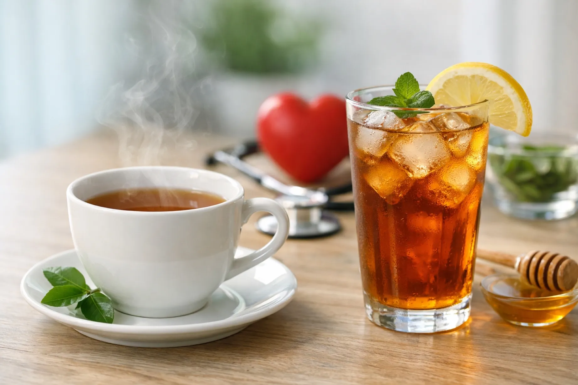 Tazas de té frío y caliente en una mesa, representando cómo influye la temperatura del té en la salud del corazón y cerebro