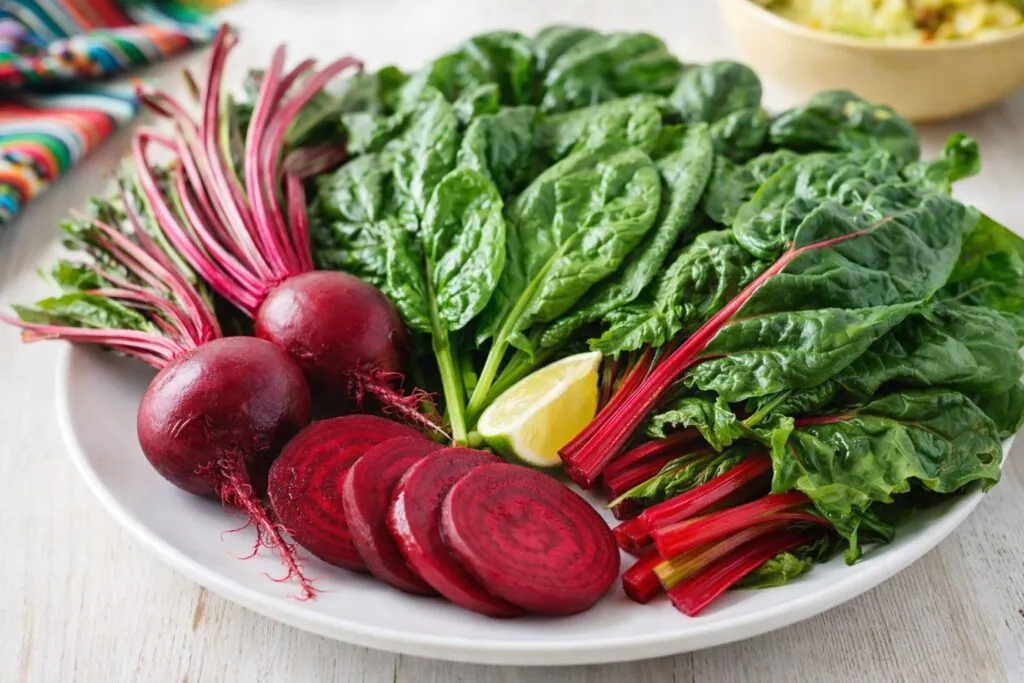 Betabel, espinacas y acelgas frescas como superverduras de temporada para platillos saludables
