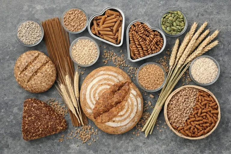 Ilustración editorial de alimentos integrales que muestran fibra y nutrientes para una energía estable