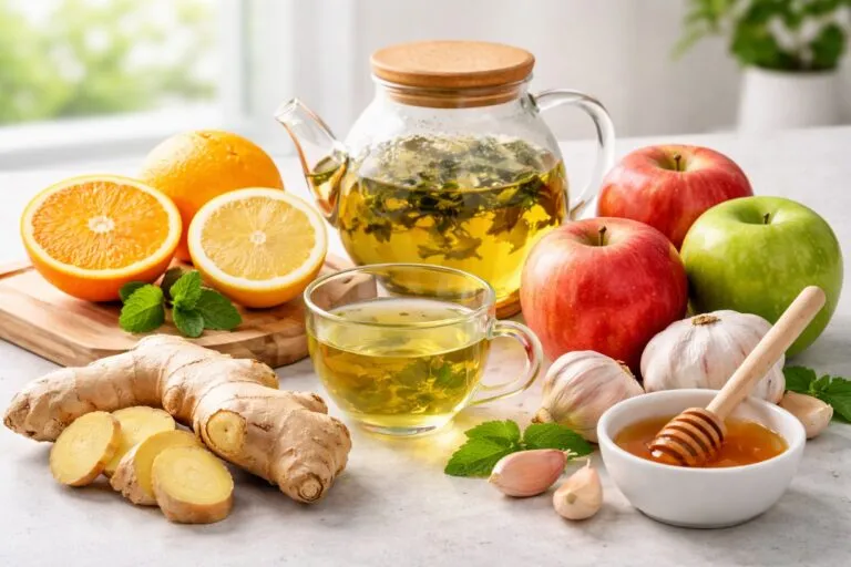 alimentos para congestión por alergia como manzana, té verde, jengibre y cítricos sobre mesa saludable