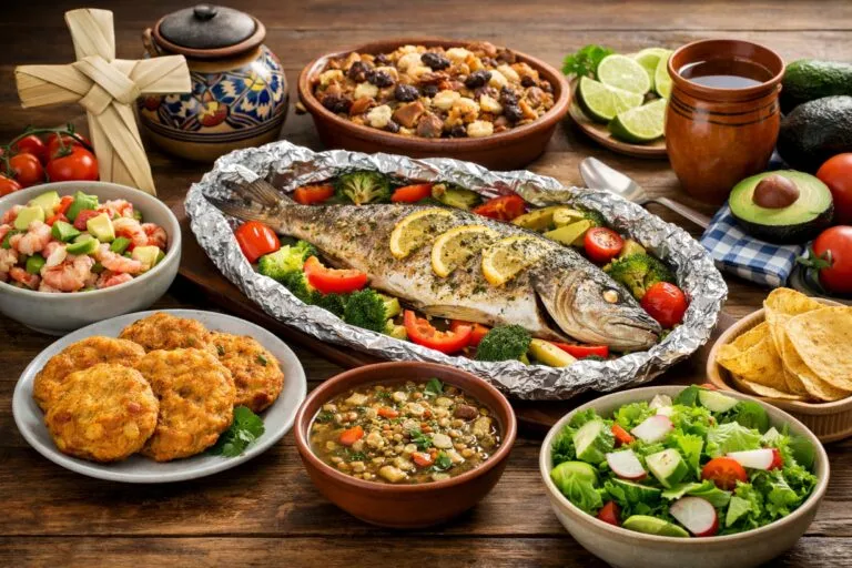 Alimentos tradicionales de Semana Santa en México con pescado y verduras frescas