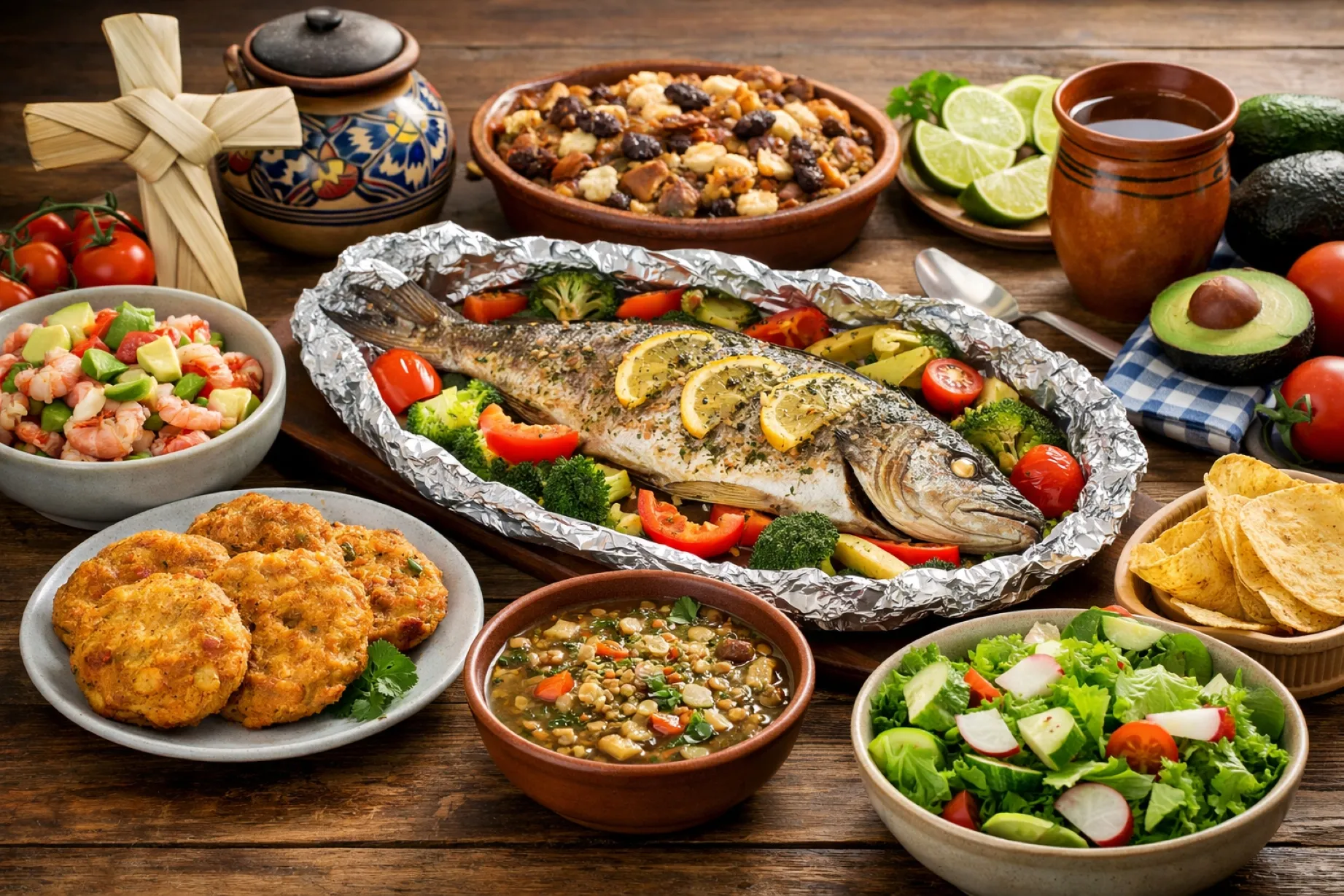 Alimentos tradicionales de Semana Santa en México con pescado y verduras frescas