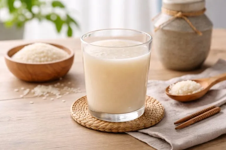Vaso de amazake bebida japonesa fermentada con nutrientes y bacterias beneficiosas para la digestión diaria