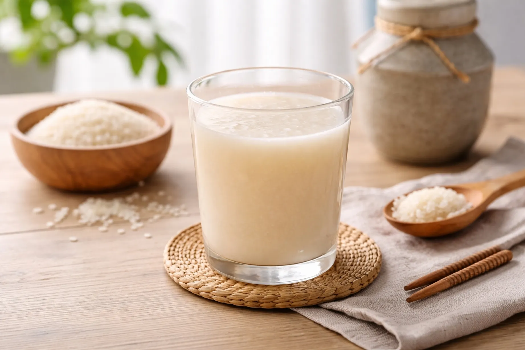 Vaso de amazake bebida japonesa fermentada con nutrientes y bacterias beneficiosas para la digestión diaria