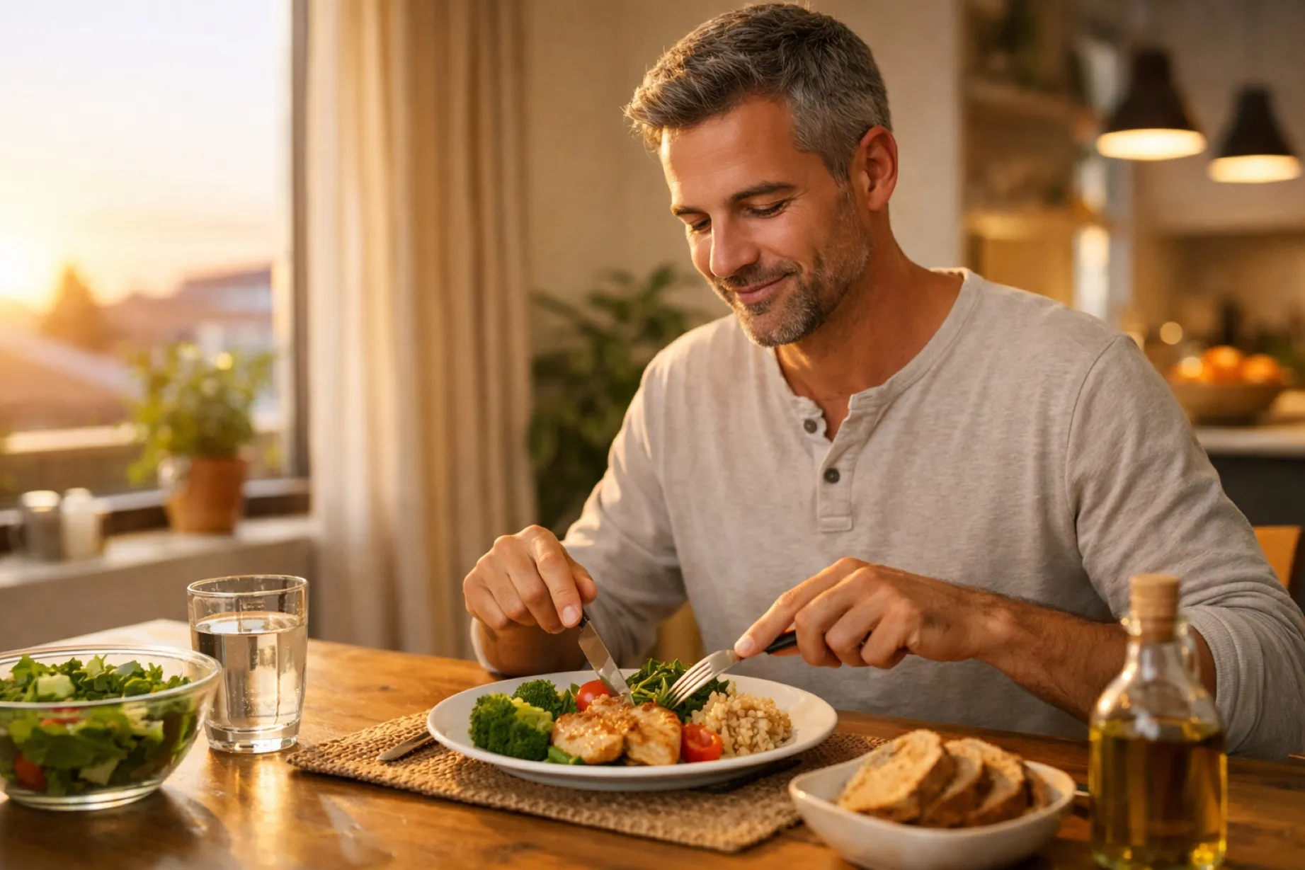 Persona cenando temprano en casa con alimentos saludables para mejorar digestión, sueño y metabolismo en España