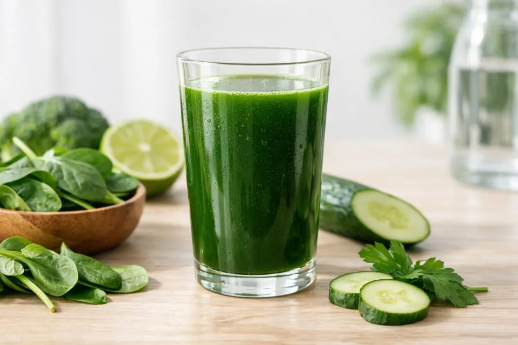 Vaso con clorofila líquida verde en contexto saludable mostrando tendencia y análisis de beneficios y riesgos en México