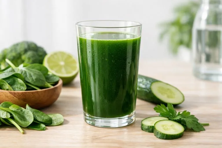 Vaso con clorofila líquida verde en contexto saludable mostrando tendencia y análisis de beneficios y riesgos en México