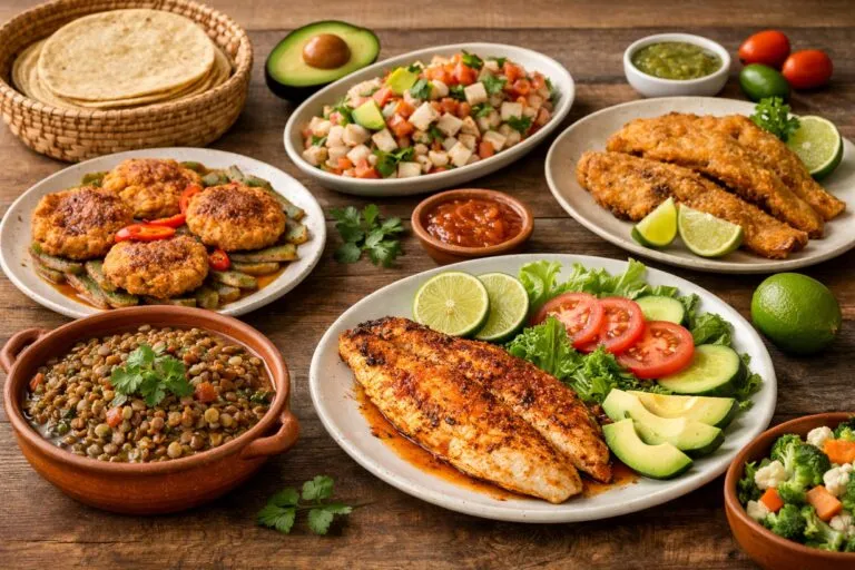 Cocina sin carne en Semana Santa en México con pescado, legumbres y verduras saludables tradicionales