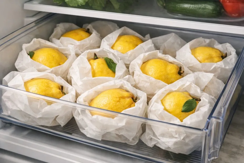 Fruta de membrillo fresco envuelta individualmente en papel y almacenada para conservar membrillo por varias semanas