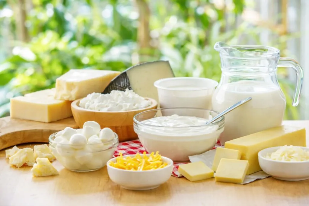 Alimentos lácteos al día como leche yogurt y queso sobre mesa saludable equilibrada