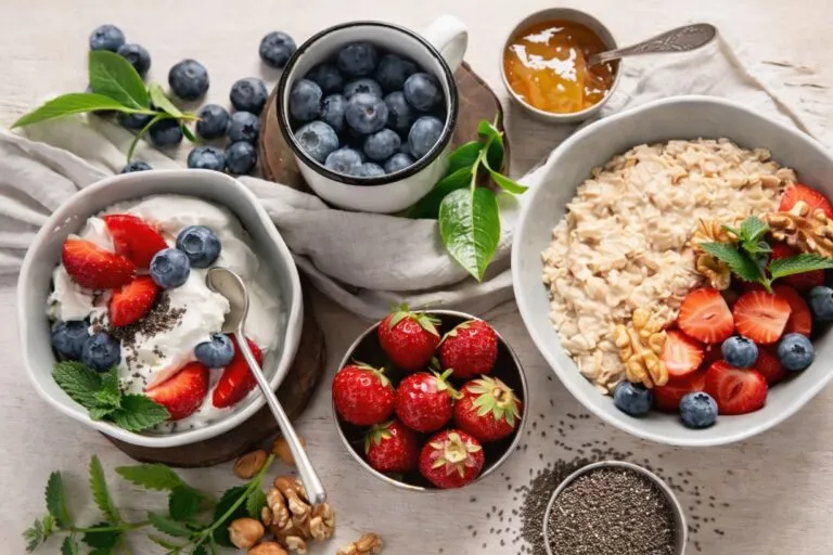 Desayuno con energía con avena frutas huevos y alimentos nutritivos para mejorar concentración y rendimiento diario