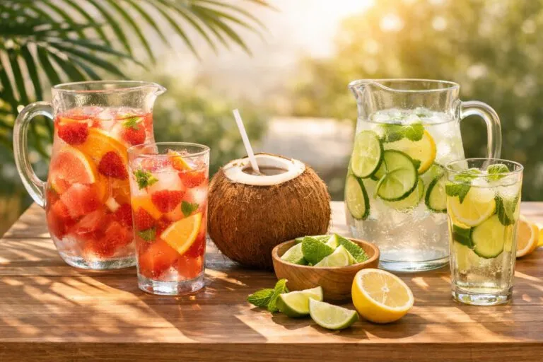 bebidas naturales para hidratación en casa durante calor extremo en México con frutas frescas y agua