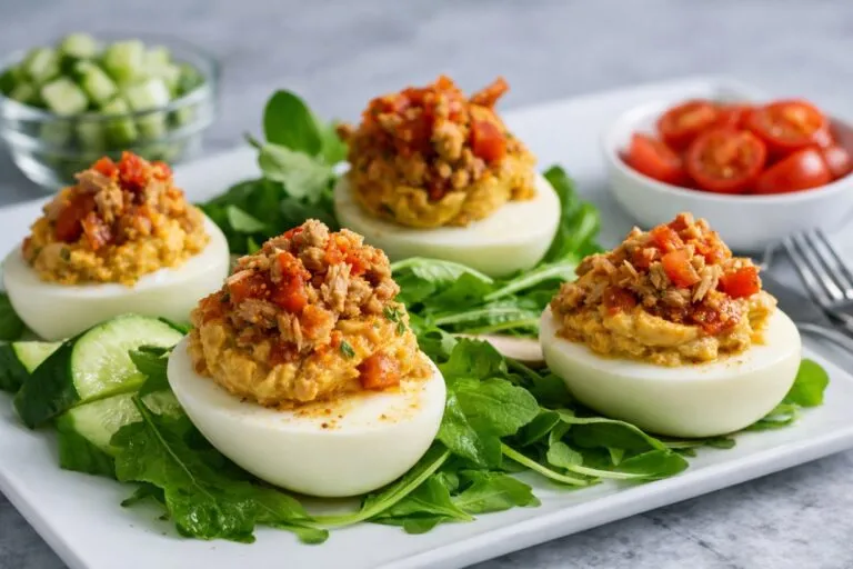 Huevos rellenos sanos presentados con verduras frescas en un estilo editorial limpio y nutritivo.